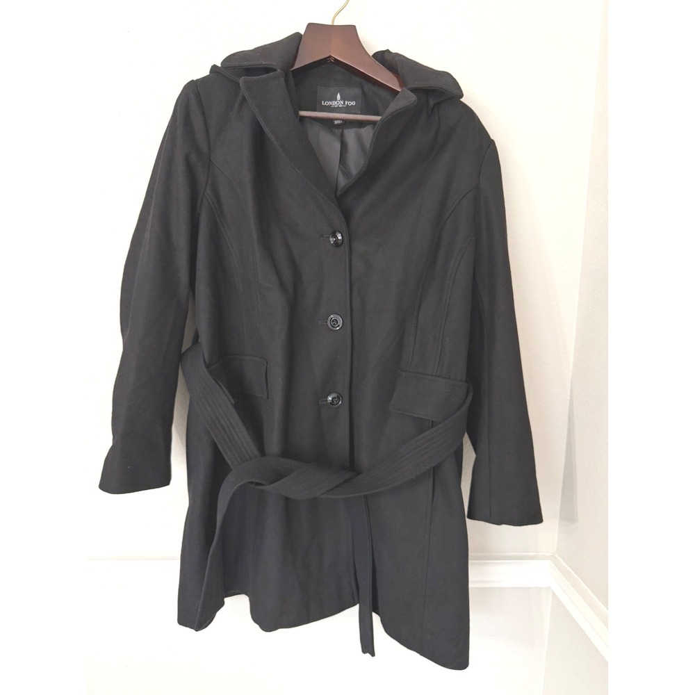 London Fog Womens XXL Black Hooded Belted Wool Blend Coat 7121946GSC